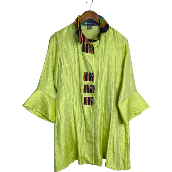 Damee Inc Wire Collar Button Swing Tunic Jacket Topper Large Green Shimmer Artsy - Picture 1 of 9